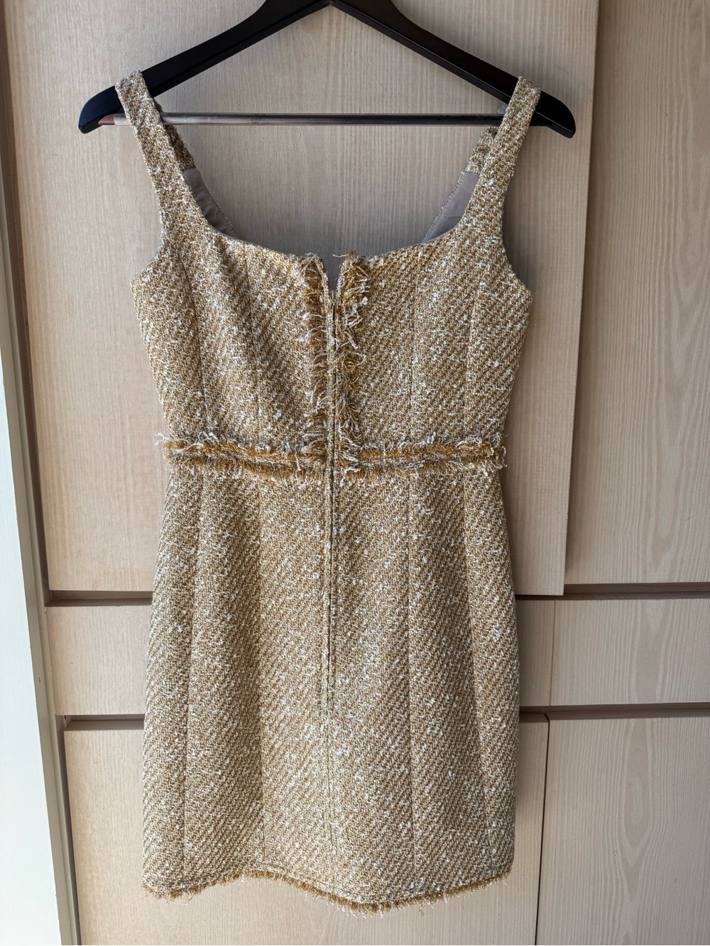 ME+EM Gold Tweed Mini Dress with Fringe Trim